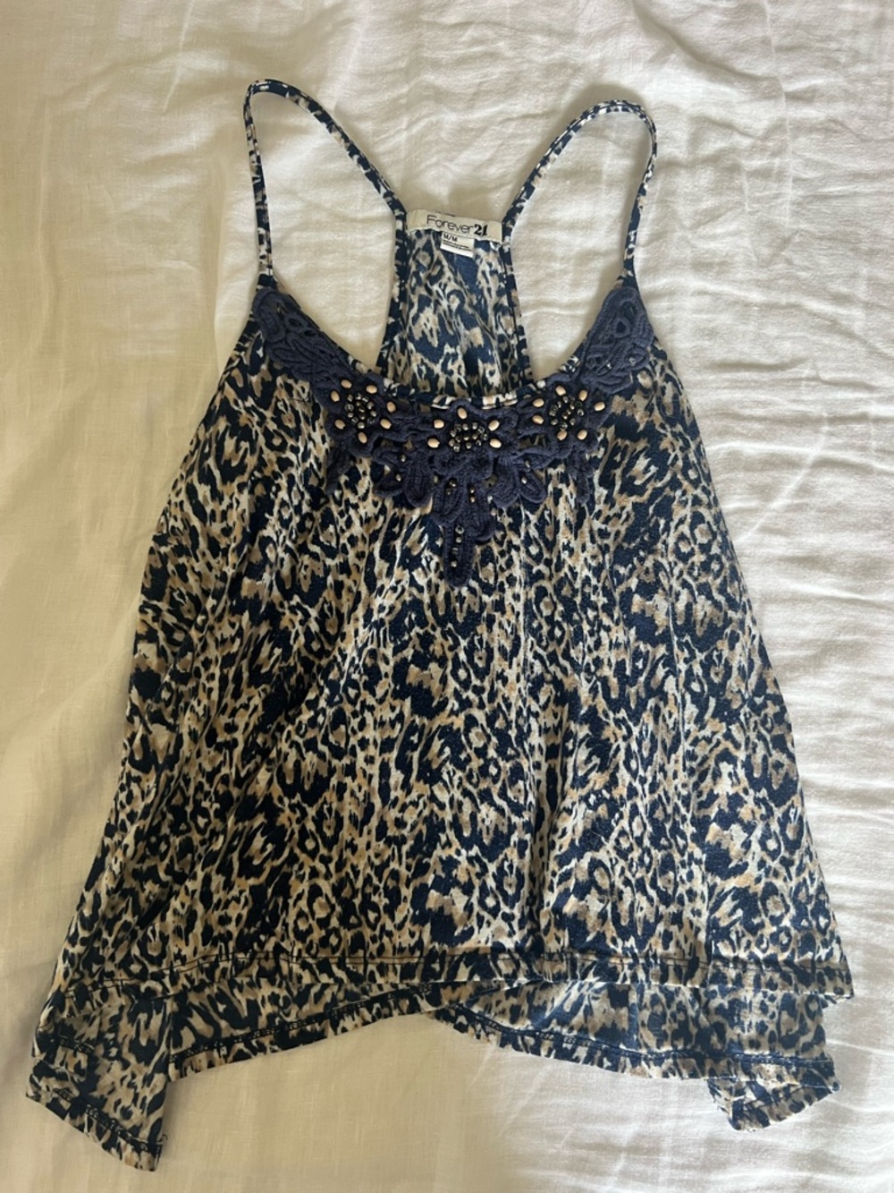 Forever 21 Navy and Cream Leopard Print Lace-Trim Camisole